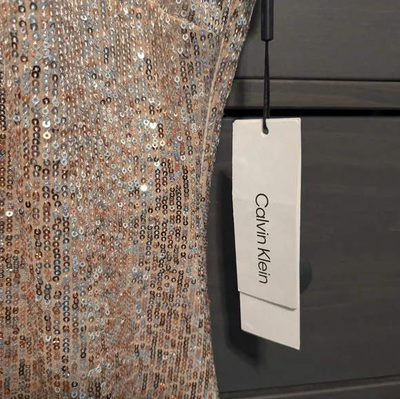 Calvin Klein Shimmering Gold Sequin Midi Dress - Picture 2 of 9